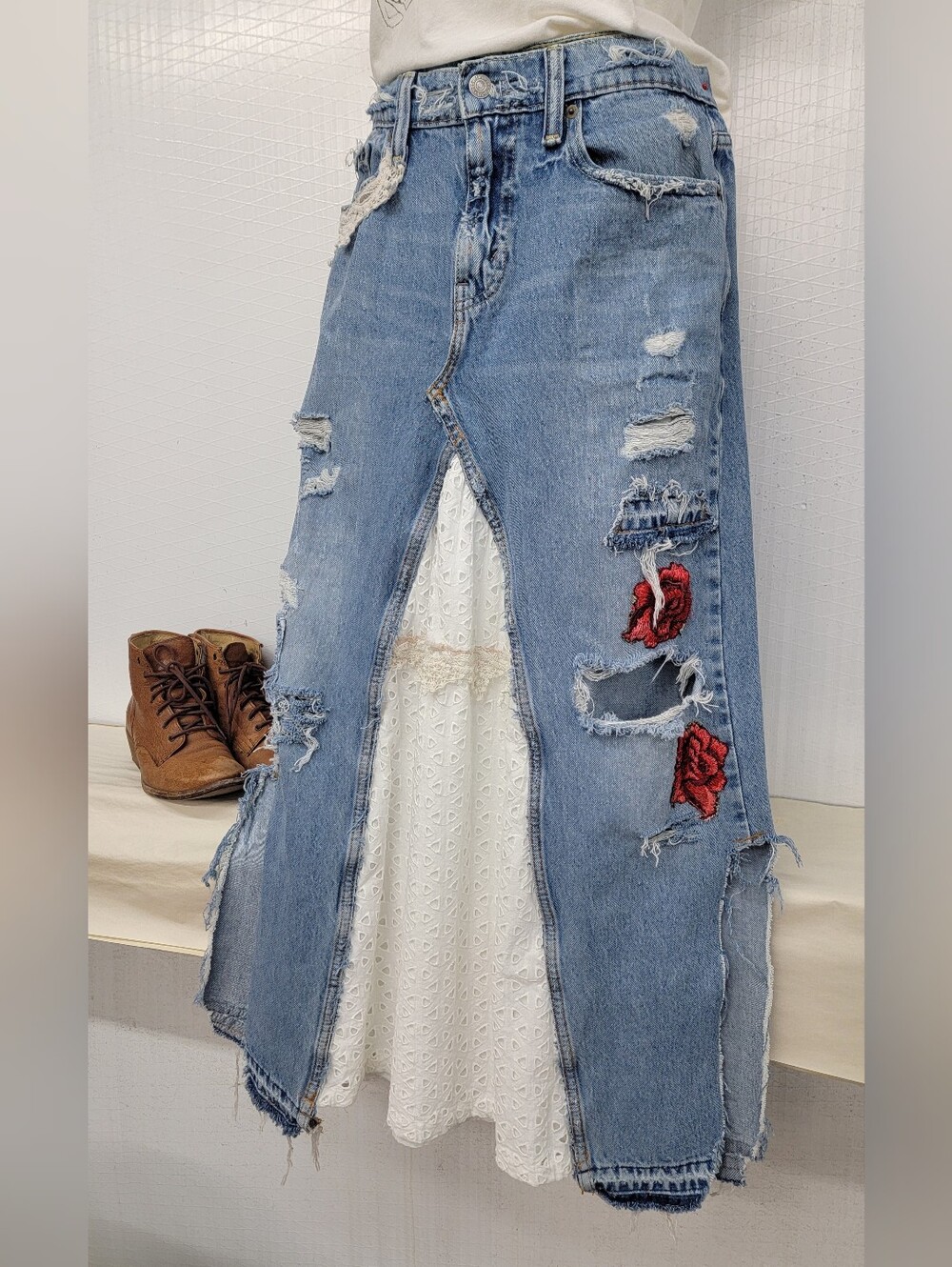 Upcycled Levi's Maxi Skirt - Shabby Chic Hippie -  Cottage Grunge